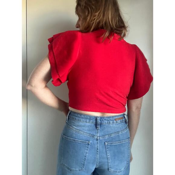 Womens Red Tops Size Small Ruffled Sleeves Cropped Front Tie Dolan Anthropologie - Picture 7 of 10